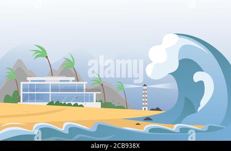 Natural strong disaster with fog and tsunami waves from ocean with house, mountains, palms and lighthouse. Earthquake tsunami wave hits the sand beach vector illustration Stock Vector