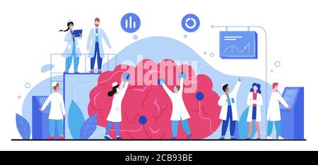 Brain health, mental investigation character flat vector illustration, medicine abstract concept. Doctors diagnose brain in laboratory. Psychologists, psychiatrists consulting, healthcare treatment Stock Vector