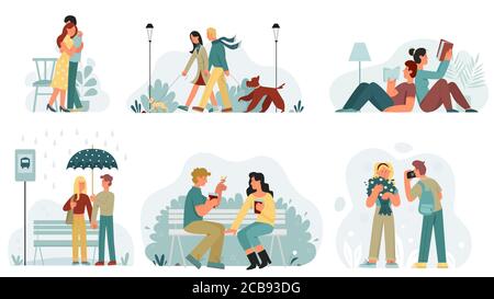 Scenes with lovers spend time together flat vector illustration. Men and women hugging, walking with dog, waiting for bus under rain, resting in park, reading books, enjoying bunch flowers Stock Vector