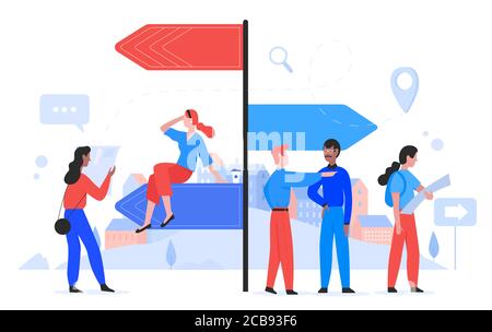 Choose way concept vector illustration. Cartoon flat people standing on crossroad next to signpost guide with arrows, making choice of path for future achievements, character choosing right pathway Stock Vector