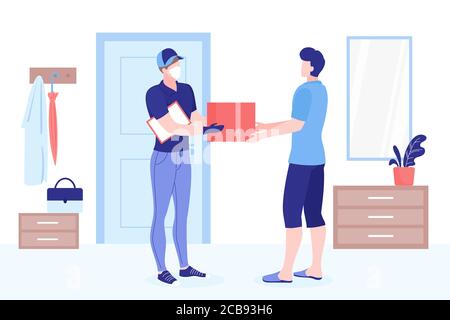 Safe logistic courier service during a coronavirus COVID-19 novel pandemic. Delivery man in a medical face mask and gloves gives delivery box package, parcel or food to customer vector illustration Stock Vector