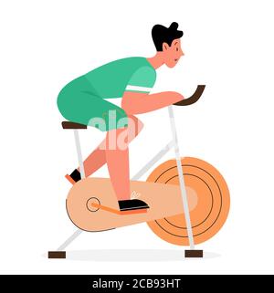 Active man rides at exercise stationery bike flat vector illustration concept. Bicycle young male doing spinning sport activities, home fitness healthy lifestyle concept Stock Vector