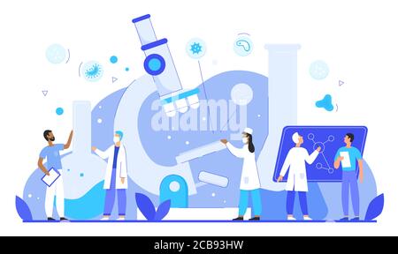 Epidemiologists research pathogens in medicine laboratory flat character vector illustration. Epidemiology concept with scientists, microscope, flasks, microbes, viruses. Science research web template Stock Vector