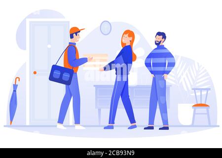 Food delivery home vector illustration. Cartoon happy postman courier character delivers box to clients couple people, holding package with food in hands. Flat fast delivery service isolated on white Stock Vector