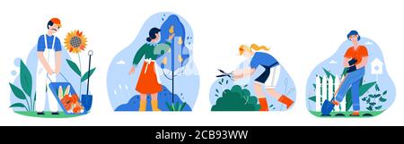 People work in garden vector illustration. Cartoon farmer man or woman character harvesting, worker gardener working in eco organic farm, flat gardening hobby activity icon set isolated on white Stock Vector