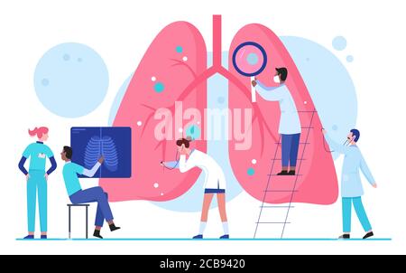Doctors scientists people in laboratory researches lungs organ healthcare medical concept flat vector illustration. Pulmonology, determine diagnosis, disease treatment. Internal organ inspection Stock Vector