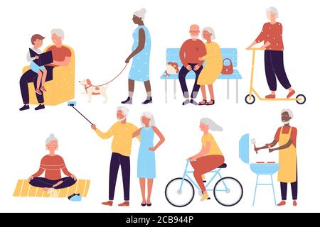 Multiracial old active social people character flat vector illustration set isolated on white background. Positive men and women with child, pet, in pair, do yoga, ride scooter, bike, grill sausage Stock Vector
