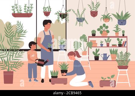 People family works with plants in public or private orangery, garden flat vector illustration. Houseplants in pots in light room, greenhouse, botanical garden, flowers growing, plant nursery Stock Vector