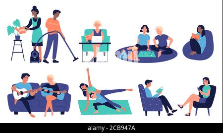 Stay at home in quarantine, avoid coronavirus vector illustration icons. Cartoon active flat family people work with laptop, do hobby, music or reading, homework or sport exercises activity together Stock Vector