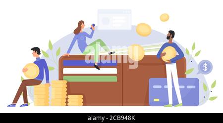 Finance, business character flat vector illustration concept with people near giant wallet. Man woman with coins and credit cards. Financial discipline, online shopping, electronic banking Stock Vector