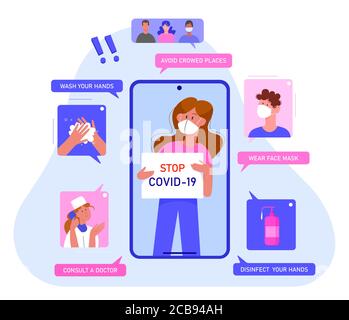 Prevention coronavirus disease character flat concept vector illustration. Medical recommendations to everybody for prevention of covid 19 virus. Quarantine infographic, health care and safety Stock Vector