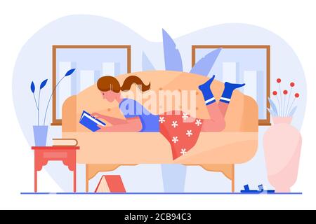 Home activity and leisure, reading character flat concept vector illustration. Cute smart girl reading book in her bedroom. Free relax time for hobby, self development, literature and education Stock Vector