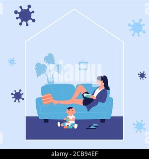 Young woman resting and reading book lying on sofa with playing kid at home during corona virus covid-19 time. Stay at home to prevent coronavirus disease, quarantine self isolation vector concept. Stock Vector
