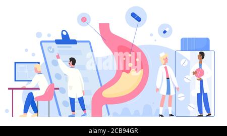 Doctors scientists people in laboratory researches stomach healthcare medical concept flat vector illustration. Disorder, gastric acid, liquid nausea, gastritis, determine diagnosis disease treatment Stock Vector