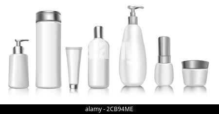 Realistic 3d vector cosmetic package blank templates mockup of soft white plastic containers. Cream, lotion, shampoo, gel, balsam, shampoo, dispenser, conditioner spray 3d Vector Illustration set Stock Vector