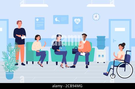 Patients in clinic waiting room character flat vector illustration, medicine and healthcare. Man and woman sit at hall, enabled girl is in wheelchair. Medical service, doctor appointment, sickness Stock Vector