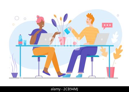 Cute family couple works at home character flat vector illustration. Smiling lovely wife and husband sits at table with laptops, talking. Quarantine or self-isolation, global viral epidemic pandemic. Stock Vector
