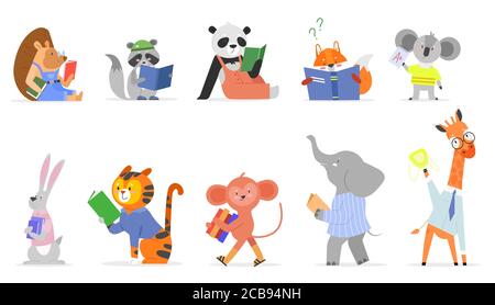 Animals read, study vector illustration set. Cartoon flat smart animal kid studying, forest or zoo character reading textbook or story book, cute squirrel giraffe elephant in school isolated on white Stock Vector