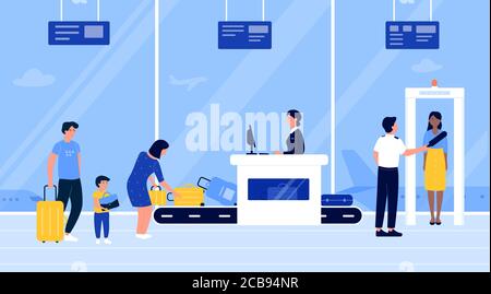 People in airport security check vector illustration. Cartoon flat passengers put luggage baggage on conveyor belt machine, go through scanner checkpoint gate. Airline terminal interior background Stock Vector