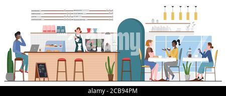 People in bar cafe vector illustration. Cartoon flat man woman friend characters meeting at cafeteria for coffee cup or dessert and talking, barista making hot drink at bar counter interior background Stock Vector