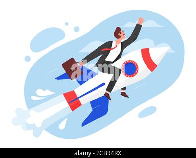 Business startup concept vector illustration. Cartoon flat superhero businessman character flying in sky on fast rocket, start new idea project, boost success in job or career growth isolated on white Stock Vector