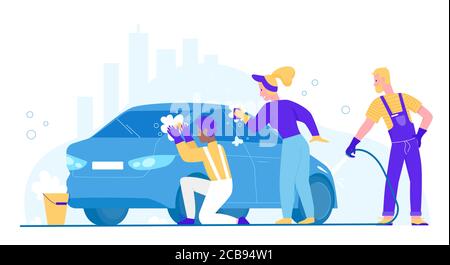 People wash car vector illustration. Cartoon flat woman man washer characters cleaning dirty automobile, washing auto with sponge and soap bubble. Carwash business service station isolated on white Stock Vector