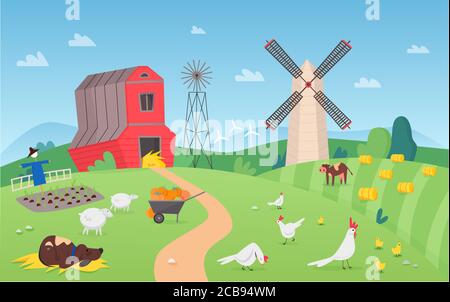 Cartoon farm rural landscape vector illustration. Comic flat summer farmland field with dry haystacks, grazing cute cows sheep, barn house and chicken in village. Countryside nature fantasy background Stock Vector