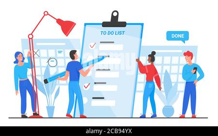 To do list, goals complete concept vector illustration. Cartoon flat tiny people group planning, standing near checklist planner paper document, marking completed business tasks isolated on white Stock Vector