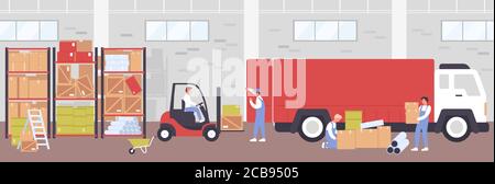 Warehouse delivery process vector illustration. Cartoon flat worker people using loader forklift for loading boxes to delivering truck, working in storehouse building, logistic service background Stock Vector