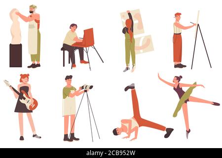 Creative profession artist people vector illustration set. Cartoon flat artistic characters, art sculptor craftsman or artisan painter creator, musician and dancer in dance pose isolated on white Stock Vector