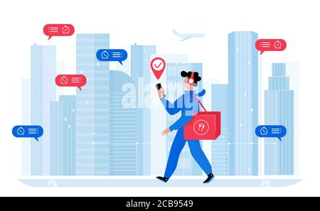 Deliveryman vector illustration. Cartoon flat courier with backpack product box walking around city, postman character delivering packages. Express shipment, home delivery service isolated on white Stock Vector