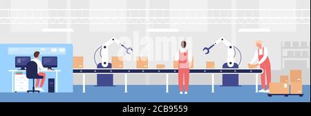 Warehouse loading conveyor vector illustration. Cartoon flat worker people work, load line boxes with robotic arm equipment help, storage operator character controlling warehousing process background Stock Vector