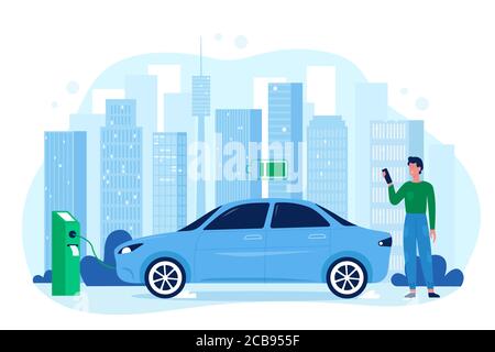 Modern electric eco auto car vector illustration. Cartoon flat happy man driver character standing in charger station, charging vehicle automobile battery, save ecology technology isolated on white Stock Vector