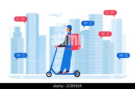 Deliveryman vector illustration. Cartoon flat courier character with backpack product box riding electric scooter, delivering package to city address. Eco shipping delivery service isolated on white Stock Vector