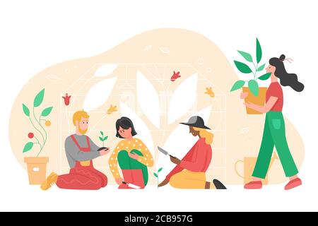 People gardening vector illustration. Cartoon flat man woman group of gardener characters planting flower, fruit tree or houseplant in pot, working in garden. Agricultural hobby isolated on white Stock Vector