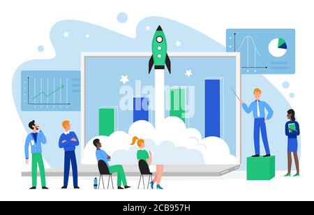 Financial growth concept vector illustration. Cartoon flat business people team launch rocket spaceship into space, work on growing profit chart together, launching finance startup isolated on white Stock Vector
