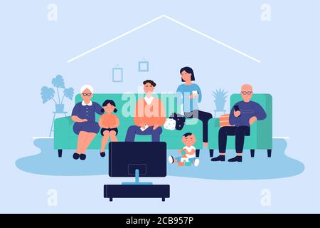 Happy big family at home vector illustration. Cartoon flat adult characters and children sitting on sofa together and watching TV news or movie in living room. Family relax in evening time background Stock Vector