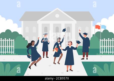 Happy graduate students vector illustration. Cartoon flat young people of different nations jumping with cap, certificate or diploma in hands, characters celebrating graduation education background Stock Vector