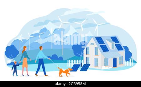Save earth ecology technology vector illustration. Cartoon flat landscape with ecofriendly house, family people using eco solar panels, wind windmills for ecological renewable energy isolated on white Stock Vector