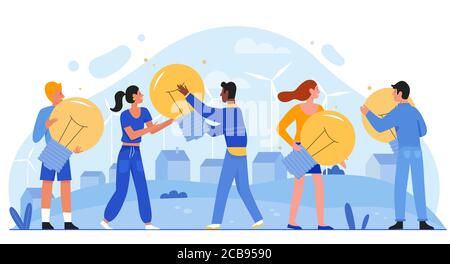 Save energy eco concept flat vector illustration. Cartoon tiny people holding light bulbs in hands, saving economy and ecology. Friendly environment innovation home green ecosystem isolated on white Stock Vector