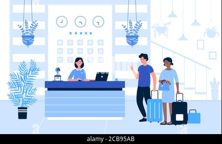 Hotel reception vector illustration. Cartoon flat tourist or traveller people standing at desk in office lobby room interior, guests talking with receptionist, registration hotel service background Stock Vector