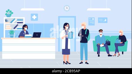 People wait in hospital hall interior vector illustration. Cartoon flat patient woman man characters in masks sitting in doctor reception room, waiting for doctoral exam. Medical healthcare background Stock Vector