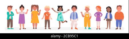 Happy diverse kids vector illustration. Cartoon flat child characters group of different race smiling, preschool or school small boy and girl standing together in line, children set isolated on white Stock Vector