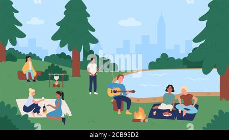 People in summer outdoor city park activity vector illustration. Cartoon flat woman man friends or couple have fun on picnic together, active characters fishing or eating food in nature background Stock Vector