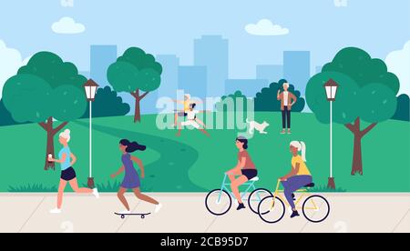 People in sport healthy activity vector illustration. Cartoon flat sportsman characters running, active woman man cycling, skateboarding or walking with pet dog in summer outdoor city park background Stock Vector