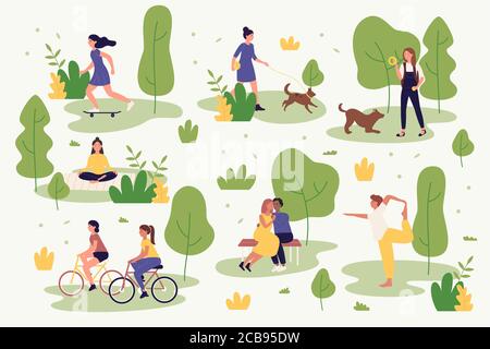 Active people in summer park vector illustration. Cartoon characters activities walking, cycling, doing yoga, resting playing and jogging. Outdoor city park activity isolated Stock Vector