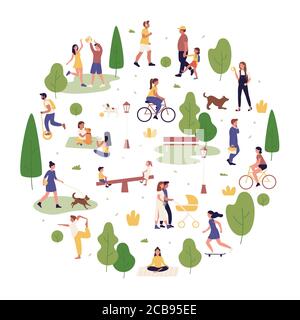 Summer park outdoor activity vector illustration. Cartoon flat active people spend time in city park together, walking or playing with dog, have fun and do sport workout exercises isolated on white Stock Vector