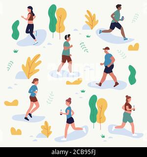 People run in park vector illustration set. Cartoon flat man woman runners characters jogging marathon in city park or street, jogger athlete in outdoor healthy sport activity isolated on white Stock Vector
