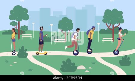 People riding eco transport in city park vector illustration. Cartoon flat woman man rider hipster characters ride modern electric segway, gyroscope or hoverboard with cup of coffee or phone in hand Stock Vector