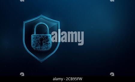 Shield with Padlock. Wireframe Mesh, Lines, Triangles and Low Poly Style Design. Technology Security Concept. Vector Illustration Stock Vector